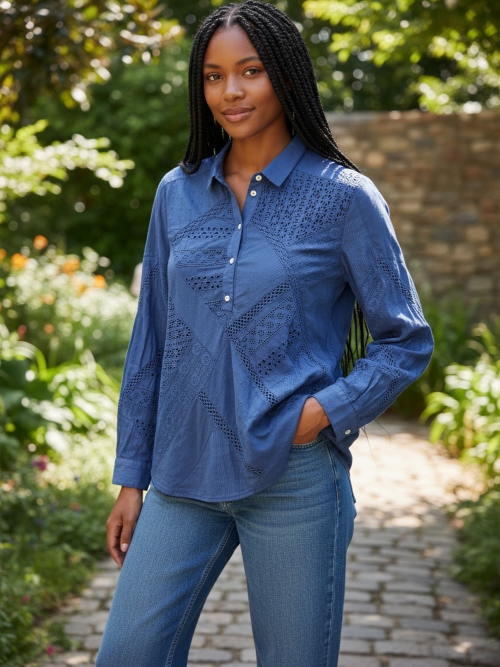 Sundance Indigo Blue Eyelet Lace Patchwork Popover Shirt Boho Floral Size Medium